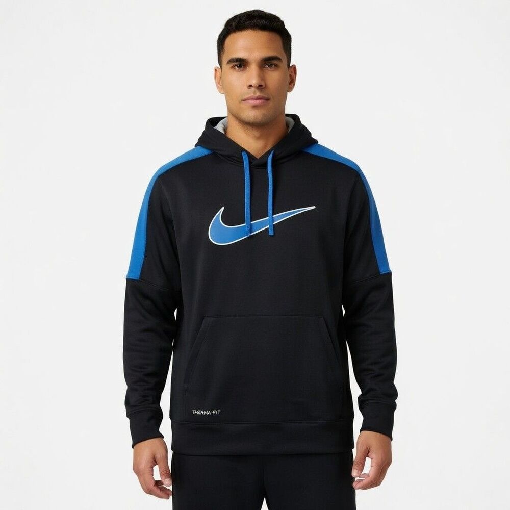 Nike Men's Large Therma-Fit Pullover Hoodie Sweatshirt Black & Sonic Blue